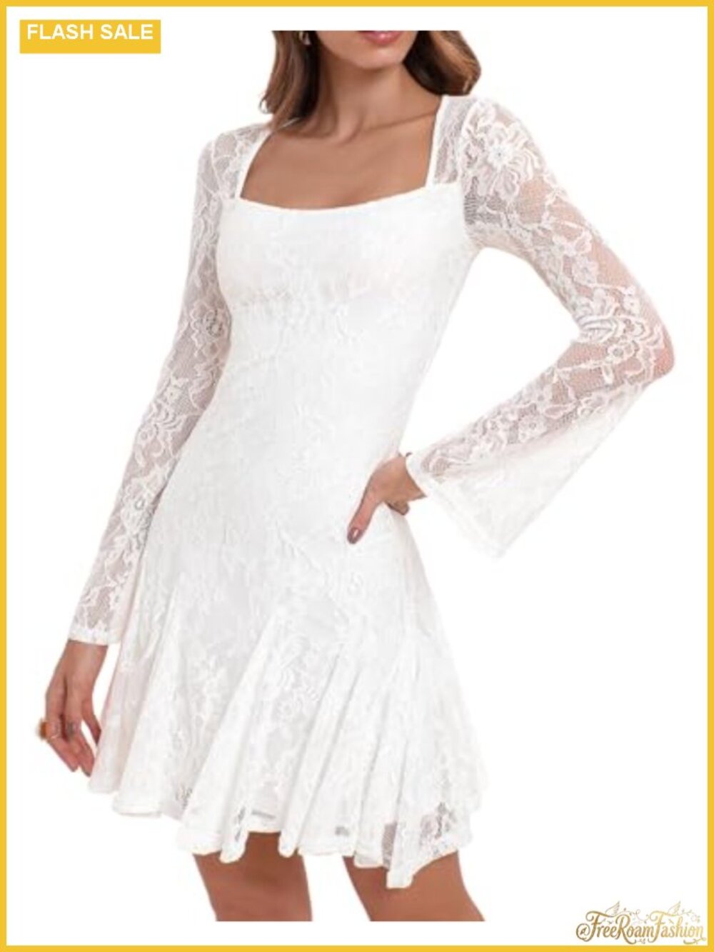 Women's Floral Lace Square Neck Long Sleeve Mini Dress Club Night Out